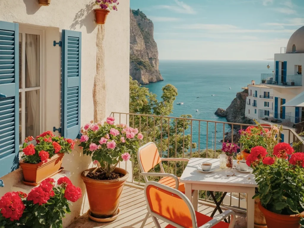 Sonnige Terrasse mit Blumen und Meerblick in Spanien