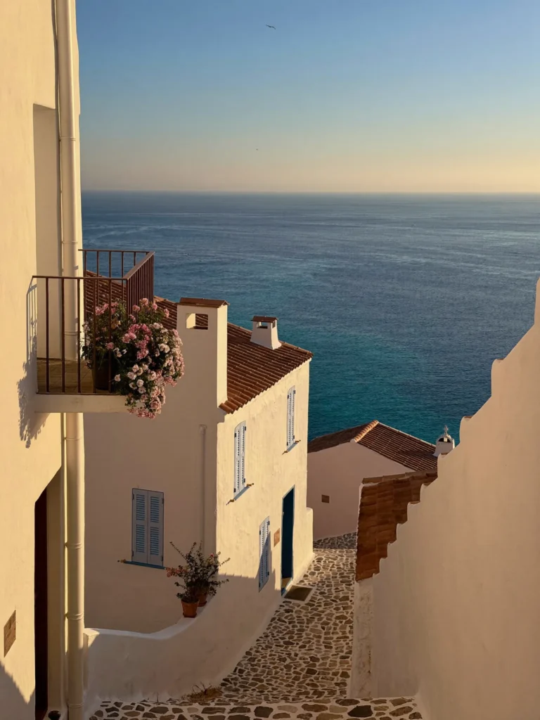 Sonniger andalusischer Küstenort mit weißen Häusern und türkisem Meer